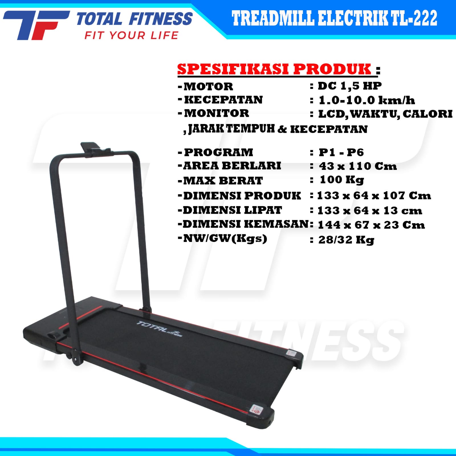 TOTAL GYM - New Alat Olahraga Fitness Gym Walking Pad Smart Treadmill Listrik Elektrik TL 222 - Image 4