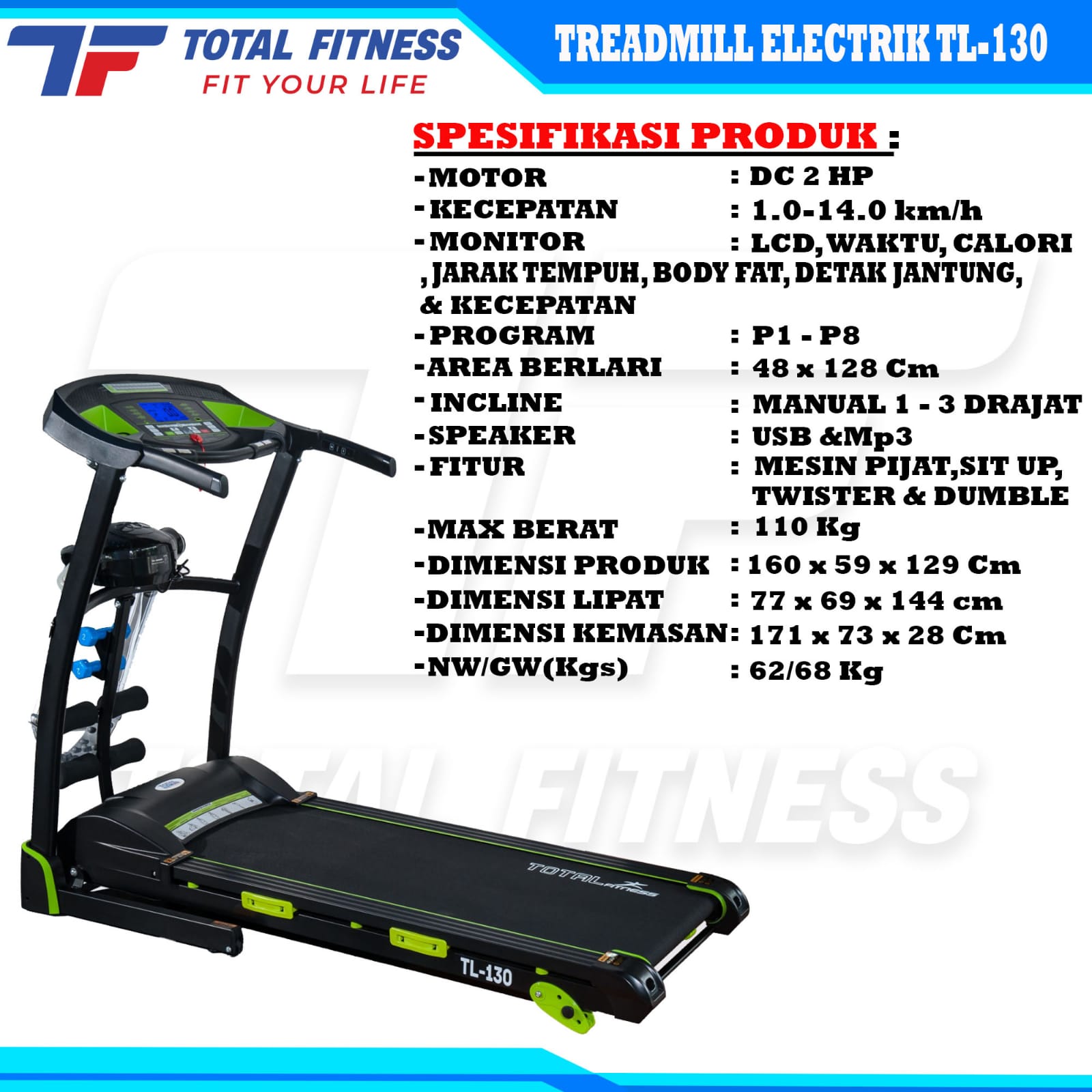 TOTAL GYM - New Alat Olahraga Fitness Gym Walking Pad Treadmill Listrik Elektrik Total TL 130 + Massager - Image 3