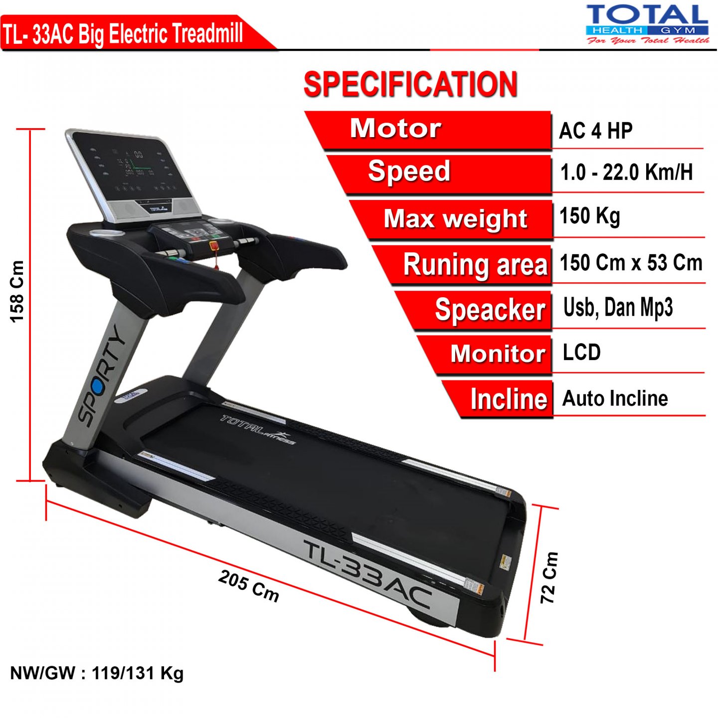 TOTAL GYM - New Alat Olahraga Fitness Gym Walking Pad Big Treadmill Listrik Elektrik Total TL 33 AC Auto Incline - Image 5