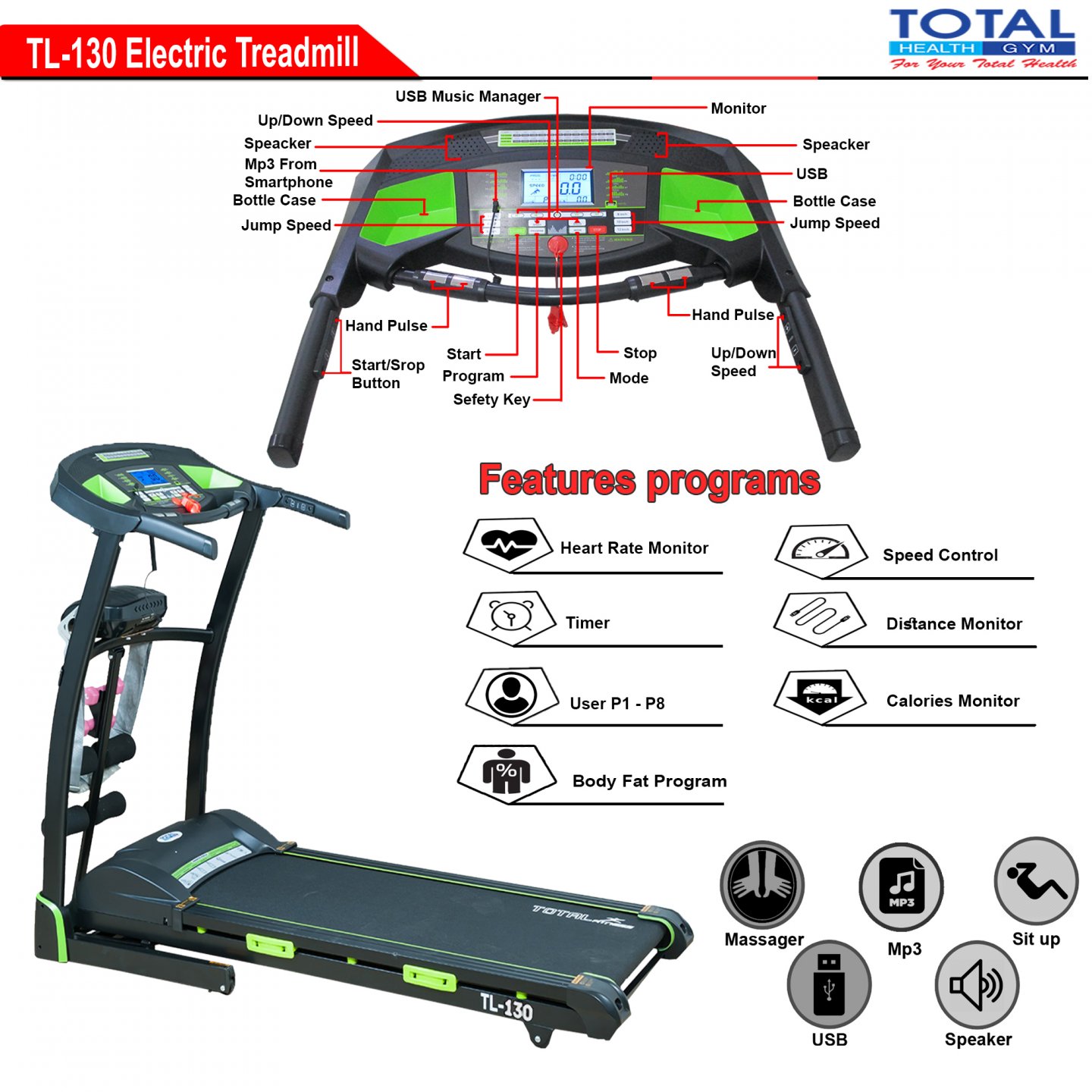 TOTAL GYM - New Alat Olahraga Fitness Gym Walking Pad Treadmill Listrik Elektrik Total TL 130 + Massager - Image 4